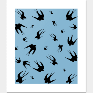 Flying swallows  silhouettes pattern on pale blue background Posters and Art